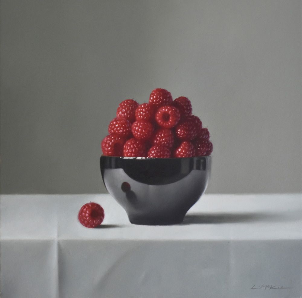 Raspberries in Black Bowl